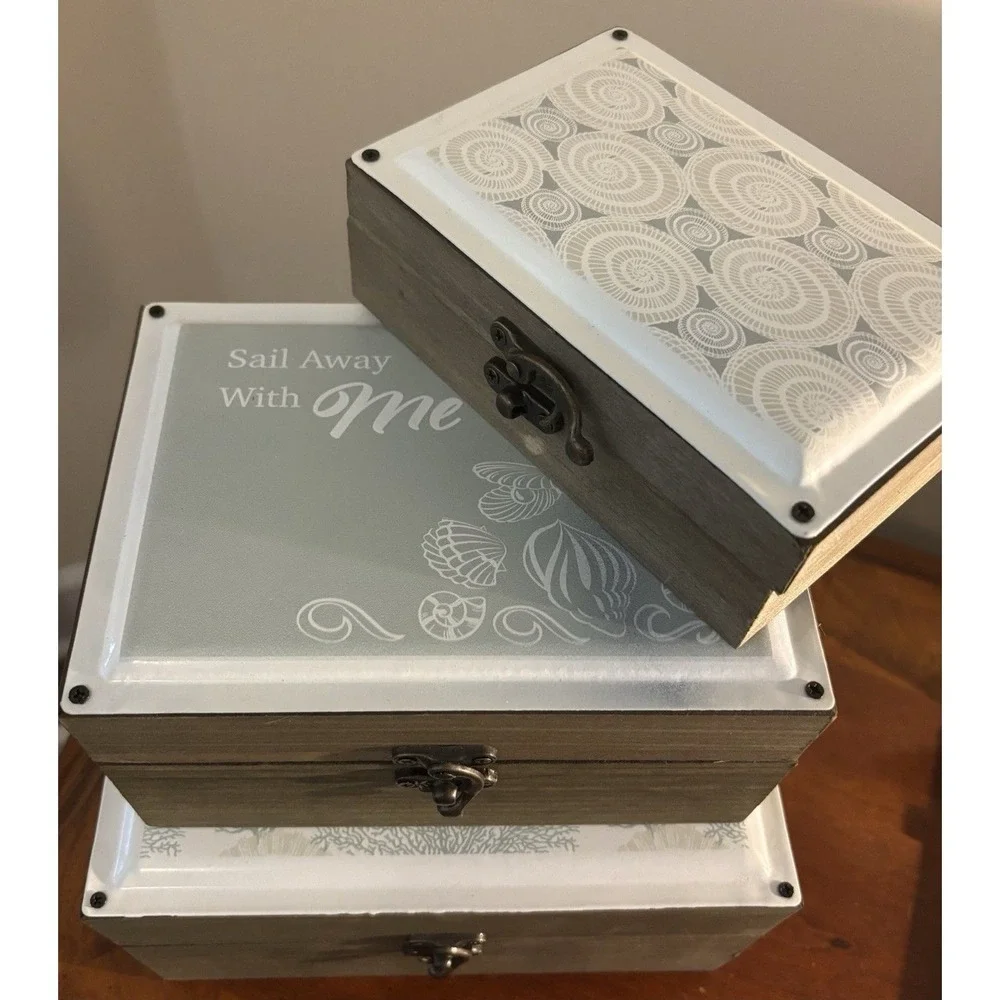 Coastal Set of 3 Wooden Decorative Storage Boxes w/ Lid, Nautical Floral Design